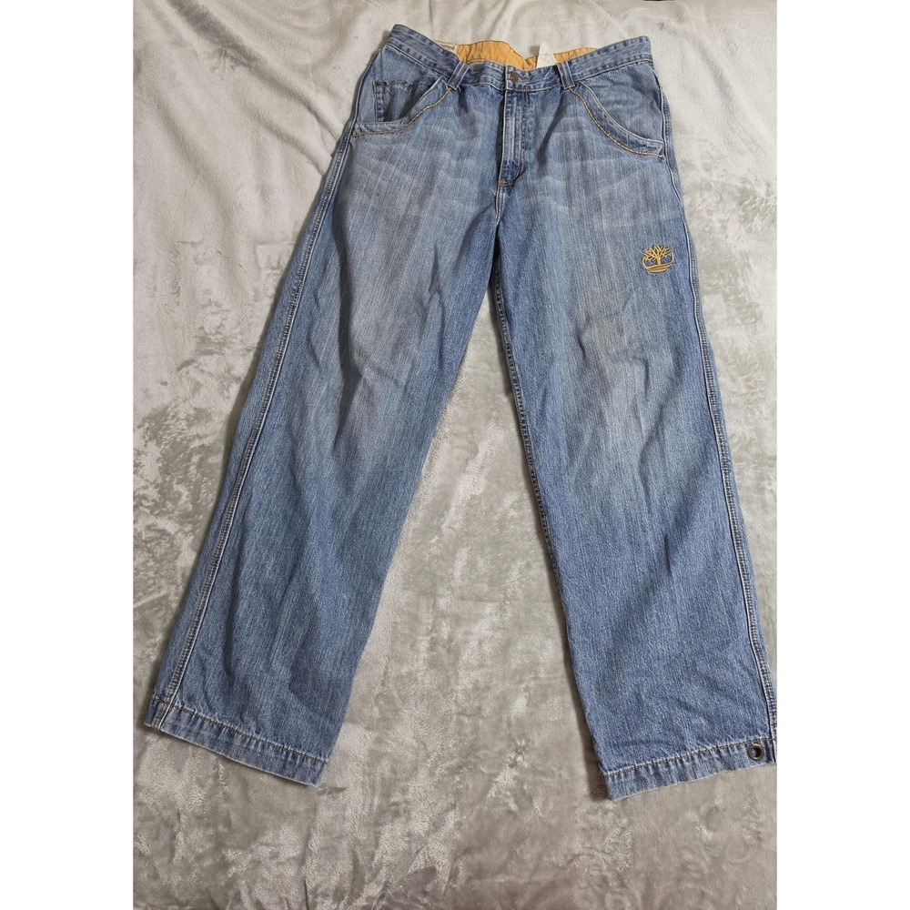 Timberland Mens 38x32 Blue Med Wash Relaxed Straight Embroidered Jeans T03805
